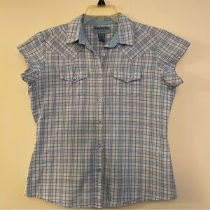 3 for $25! Vintage Wrangler Blue Plaid Button-Up Women's Cowboy short‎ sleeve, M